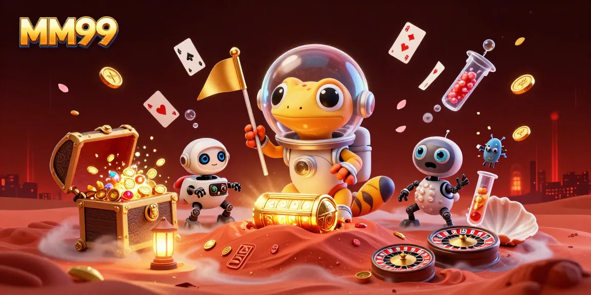 Experience excitement with MM99 at a golden casino on Mars featuring alien characters and vibrant game elements