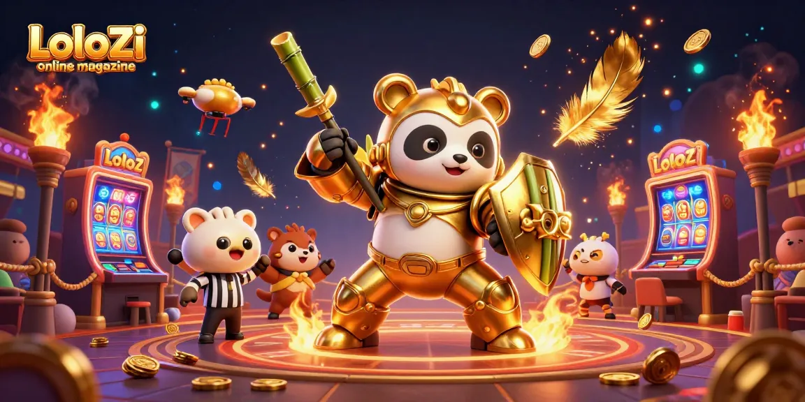 Lolozi online magazine showcases an engaging casino scene with a mech-suit panda battling, surrounded by dynamic slots and cheering spectators.