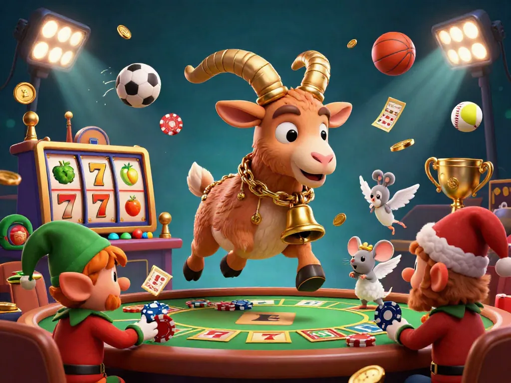 Ilustrasi kasino bertema slot dengan karakter Krampus dan mouse malaikat untuk situs slot yang mengasyikkan.