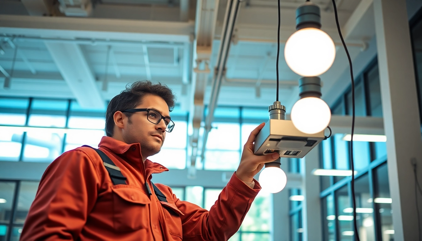 Ensuring lighting service maintenance through a skilled technician's inspection.