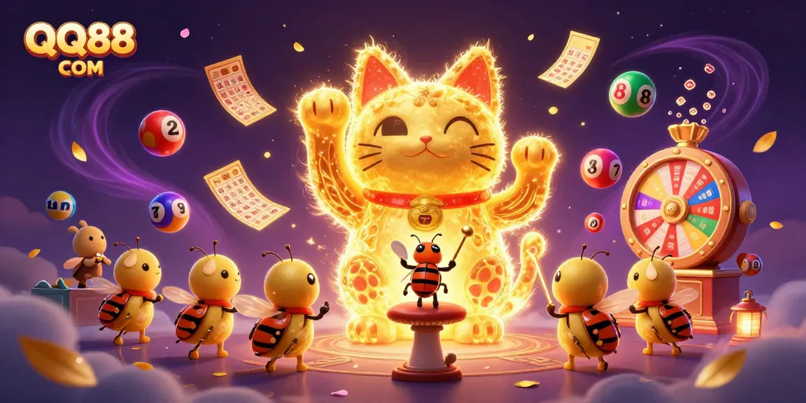 Engage with QQ88 COM's vibrant gaming experience featuring a lucky cat illustration and dynamic casino elements.