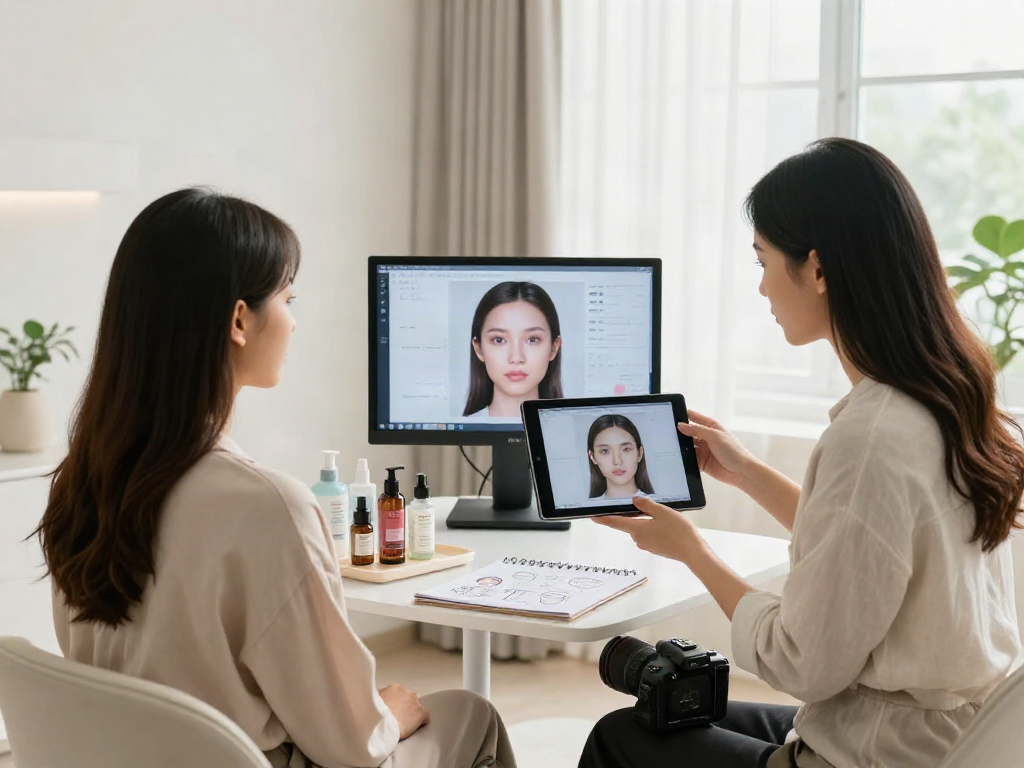 Professional consultation showing ClinicEvo as a better alternative to QOVES in a modern beauty setting with advanced facial analysis technology.