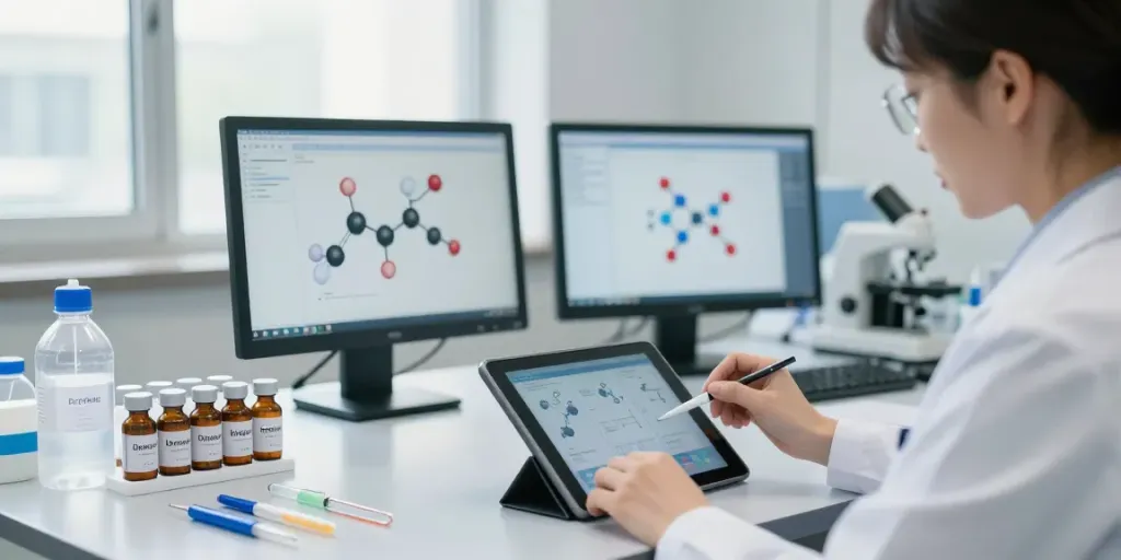 Researcher using a peptide dosage calculator in a modern lab with vials and tools.