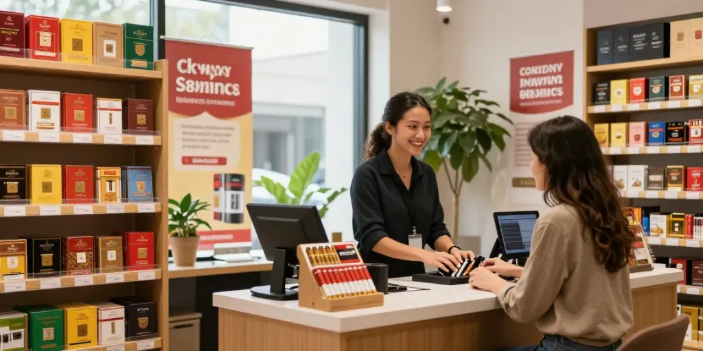 Shop showcasing cheap cigarettes online australia in a vibrant setting with customer engagement.