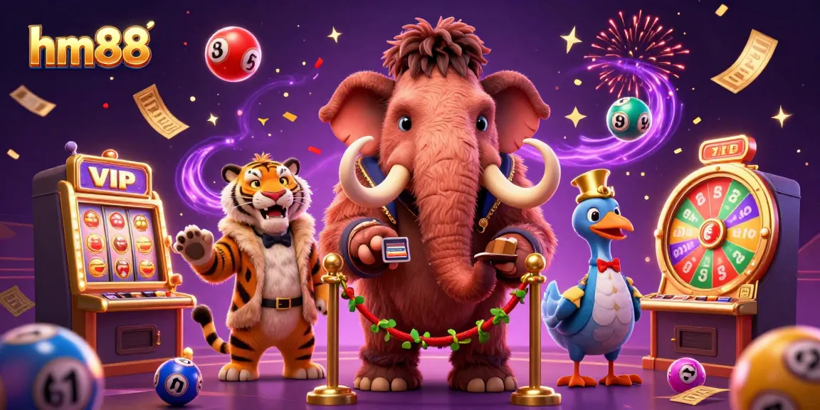 Experience exciting gameplay at hm88 with a vibrant 3D casino scene featuring unique characters and lottery elements.