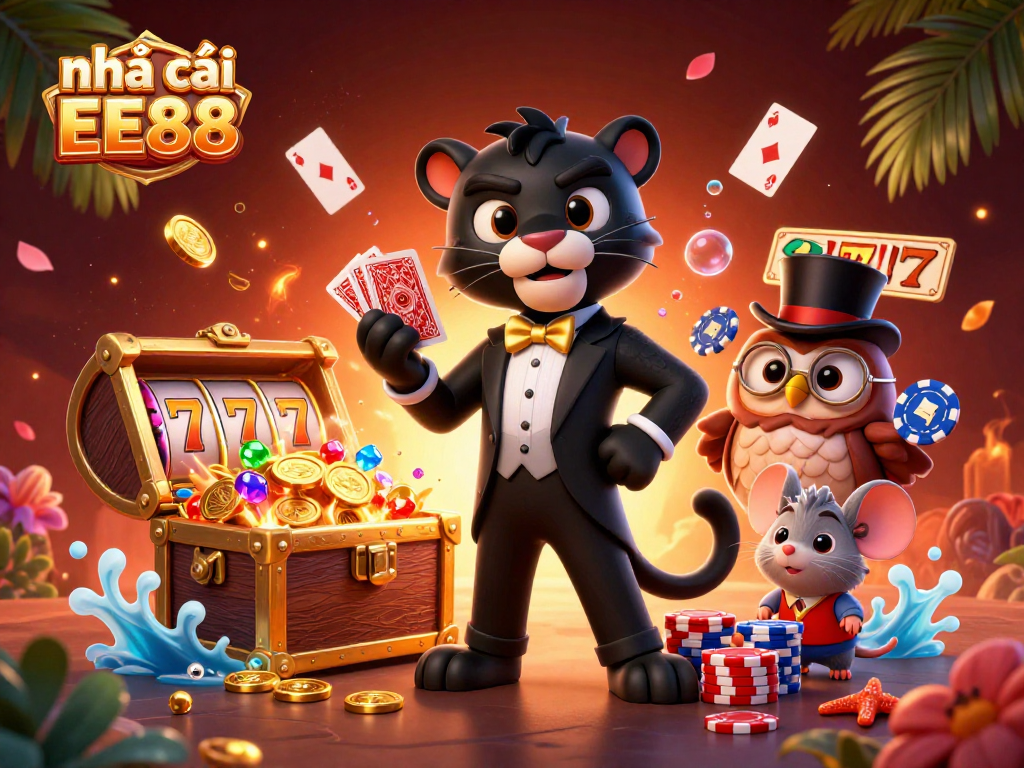 Engage with nhà cái EE88 as the black panther deals cards amidst a vibrant casino scene.