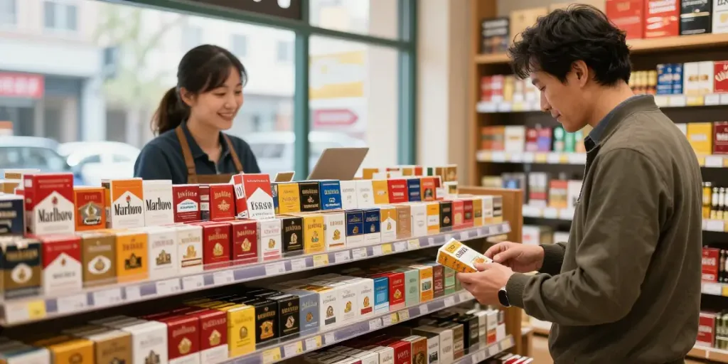 Top smoke cigarettes and tobacco wholesale display in a modern retail shop highlighting popular brands.