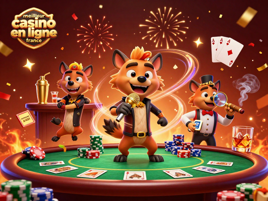 Illustration du meilleur casino en ligne France, avec des hyènes amusantes en action au casino.