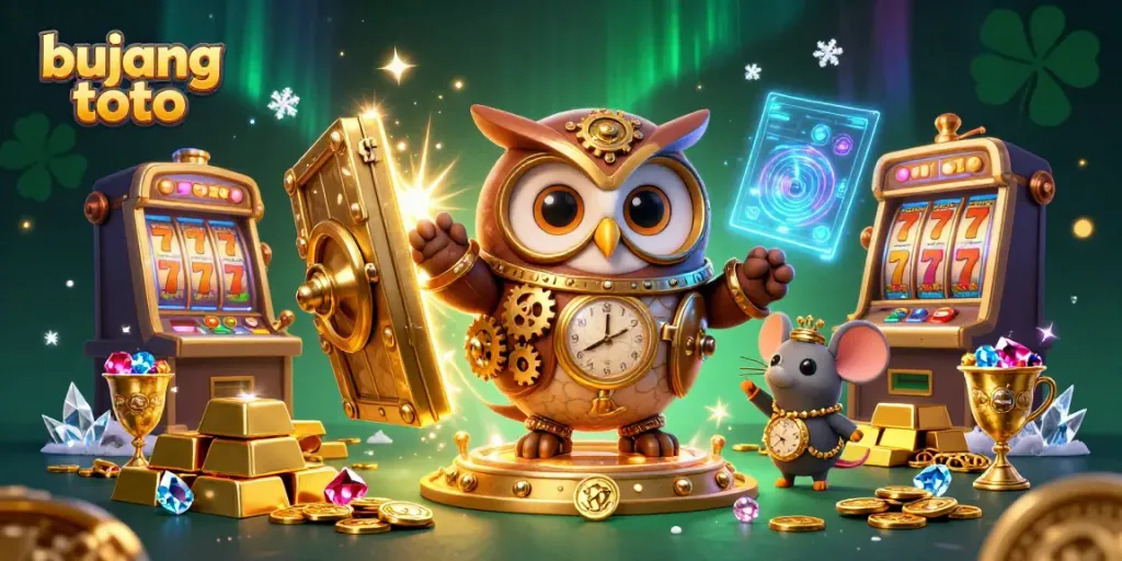 Experience the excitement of bujang toto casino with a 3D illustration of a time-traveler owl and steampunk elements.