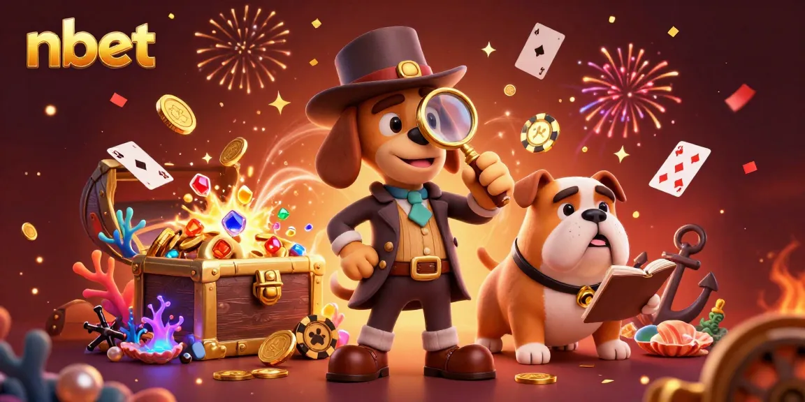 Join the thrill of nbet gaming with a cartoon detective uncovering poker secrets in a vibrant casino scene.