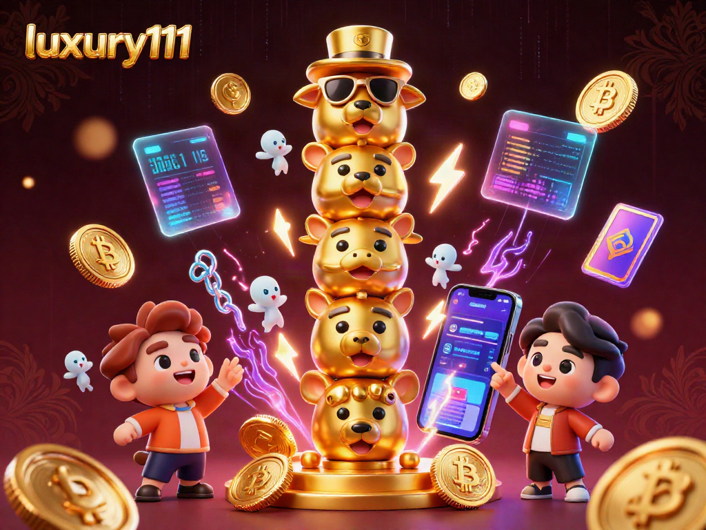 Experience the energy of luxury111 with a vibrant cartoon totem and dynamic casino elements.