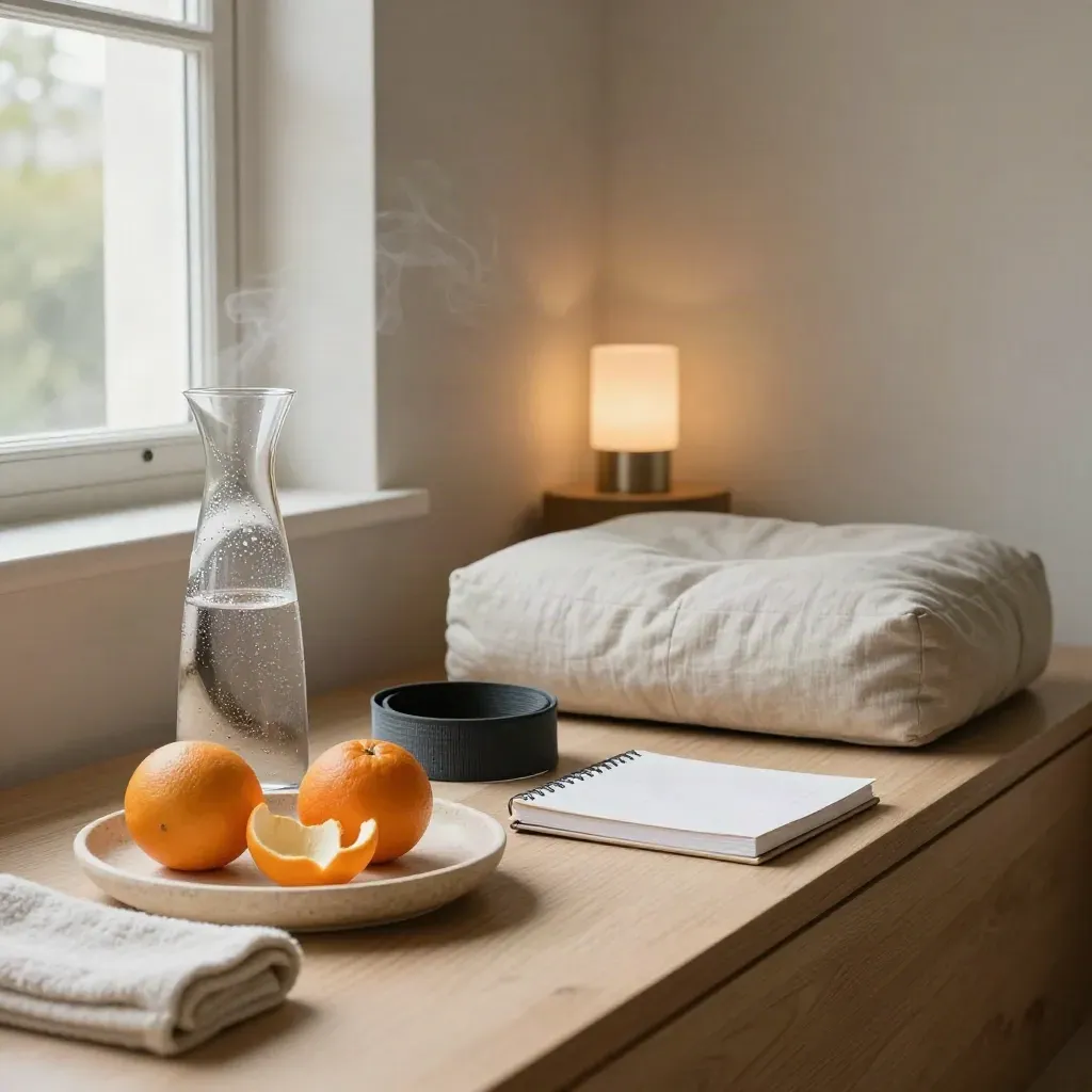 Sunlit home wellness corner with water carafe, citrus bowl, resistance band, cushion and notebook.