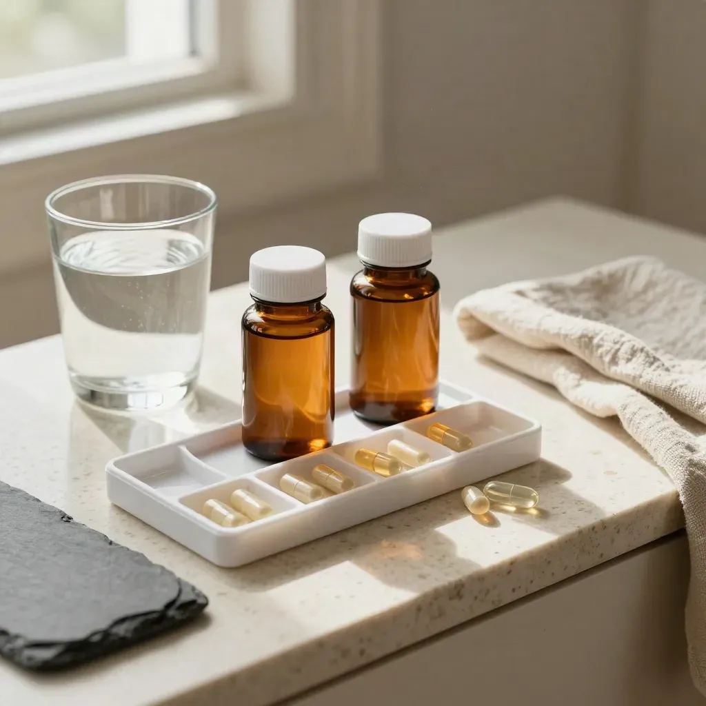 Amber supplement bottles, capsule sorter, and water glass on travertine in soft daylight.