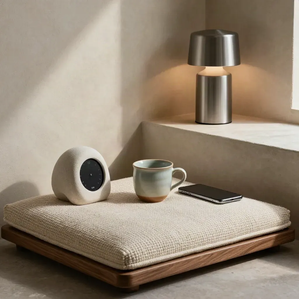 Macro wellness corner with cushion, breath timer, mug, phone, and lamp in moody light.