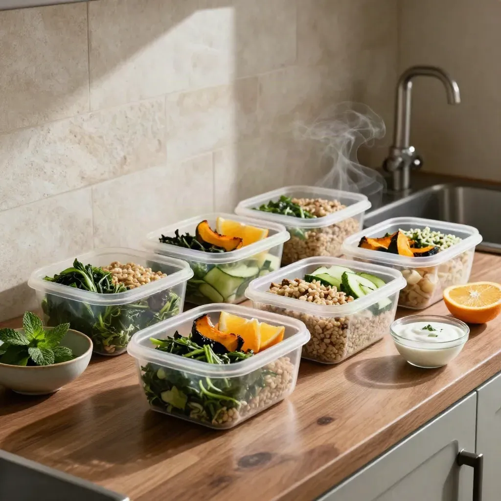 Meal prep containers with greens, grains, citrus, and mint on a warm kitchen counter.
