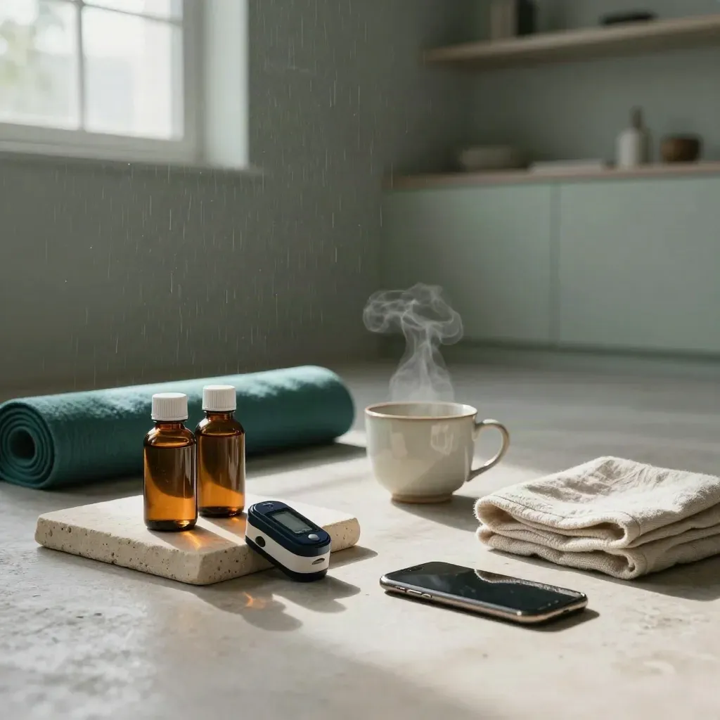 Post-thunderstorm wellness room with supplements, mat, mug, towel and tools in dramatic morning light