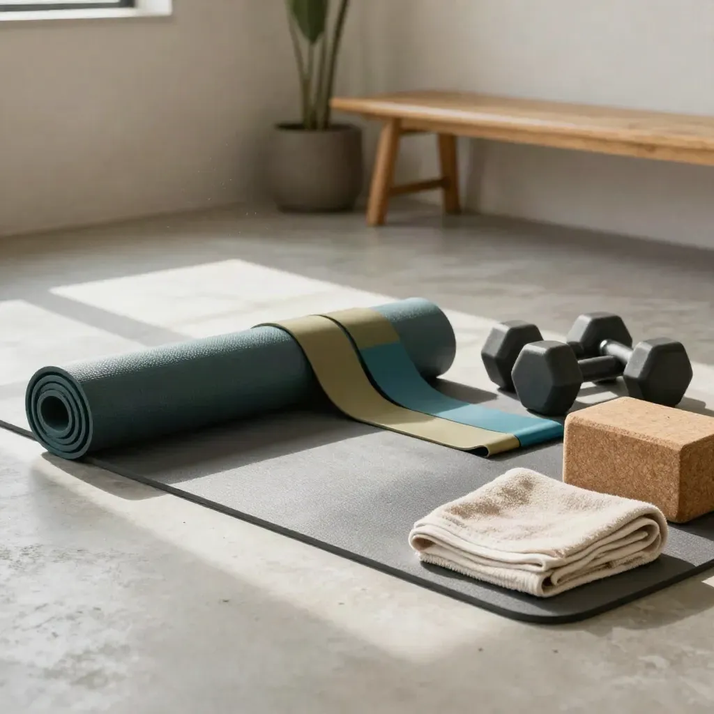 Compact home-gym tools on a mat, ready for a short workout in warm window light.