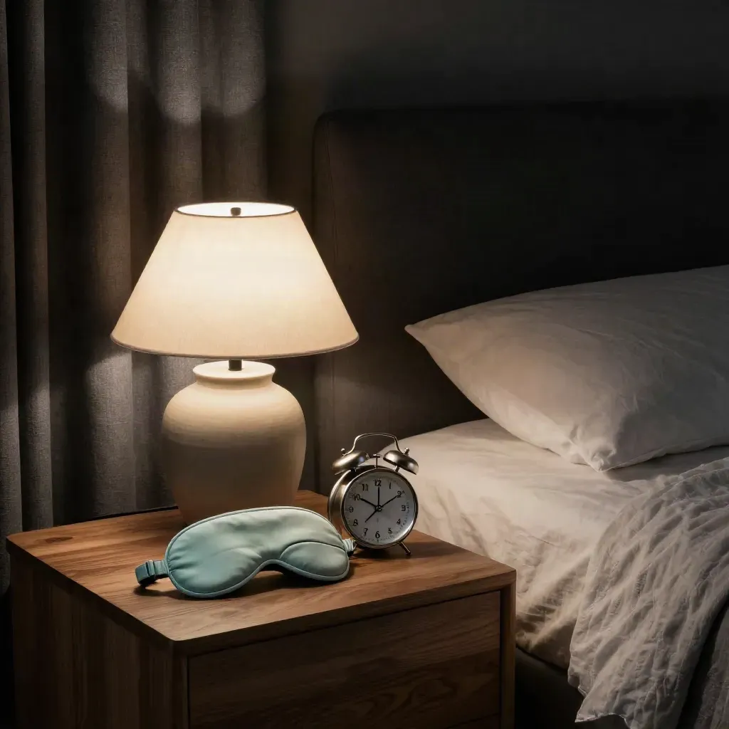 Sleep mask, alarm clock, and glowing ceramic lamp beside blackout curtains in a cozy bedroom corner.