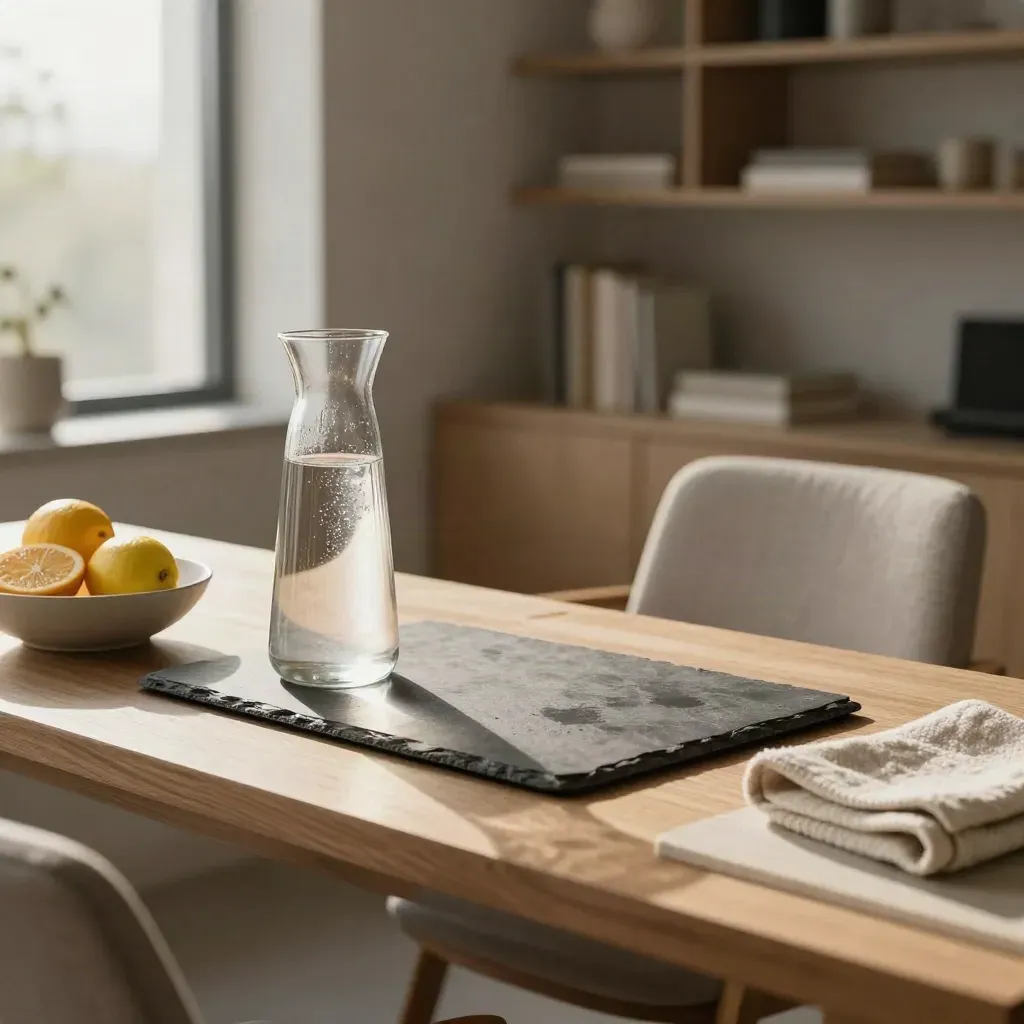 Sunlit office refresh station with citrus, water carafe, standing mat, and tucked chair.