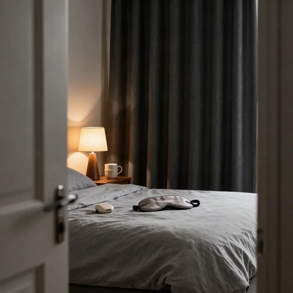 Dim cozy bedroom ready for sleep with lamp, curtains, sleep mask, earplugs, and stacked mugs.