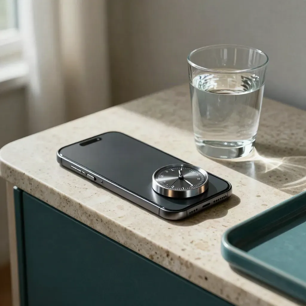 Face-down phone, breathing timer, and water glass on a narrow side table in calm window light.