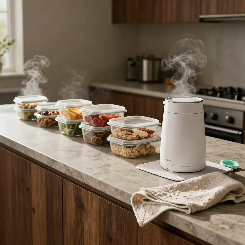 Kitchen counter with meal prep containers, bottle warmer, mini mat and steam in morning light