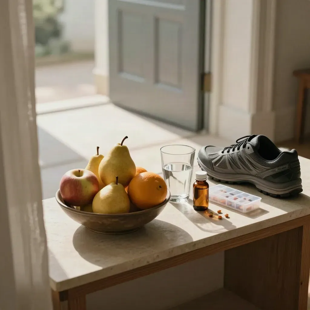 Morning energy setup by an entryway: fruit, water, supplements, pill organizer, and a walking shoe.