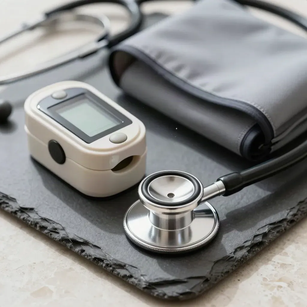 Macro still life of stethoscope, pulse oximeter, and blood pressure cuff on a slate tray over travertine.