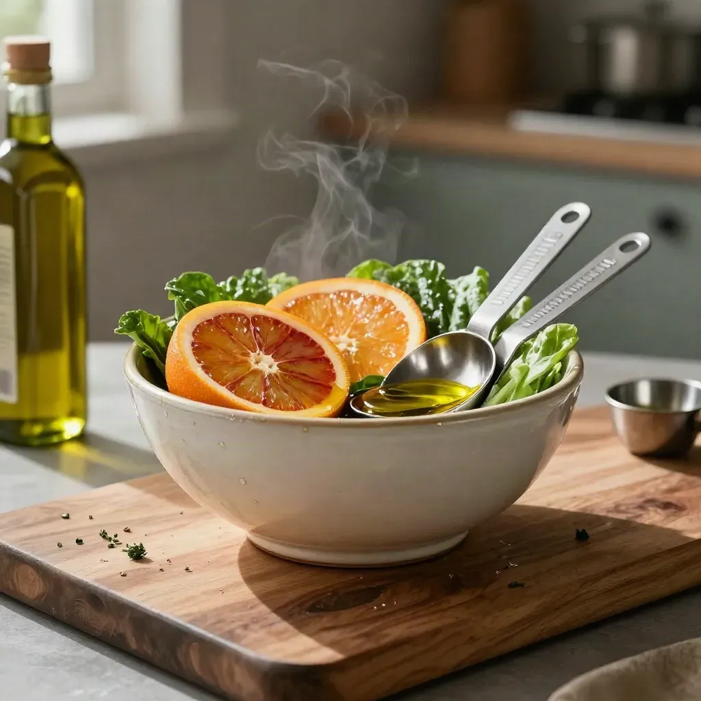 Ceramic produce bowl with citrus, greens, olive oil, and measuring spoons on walnut wood.