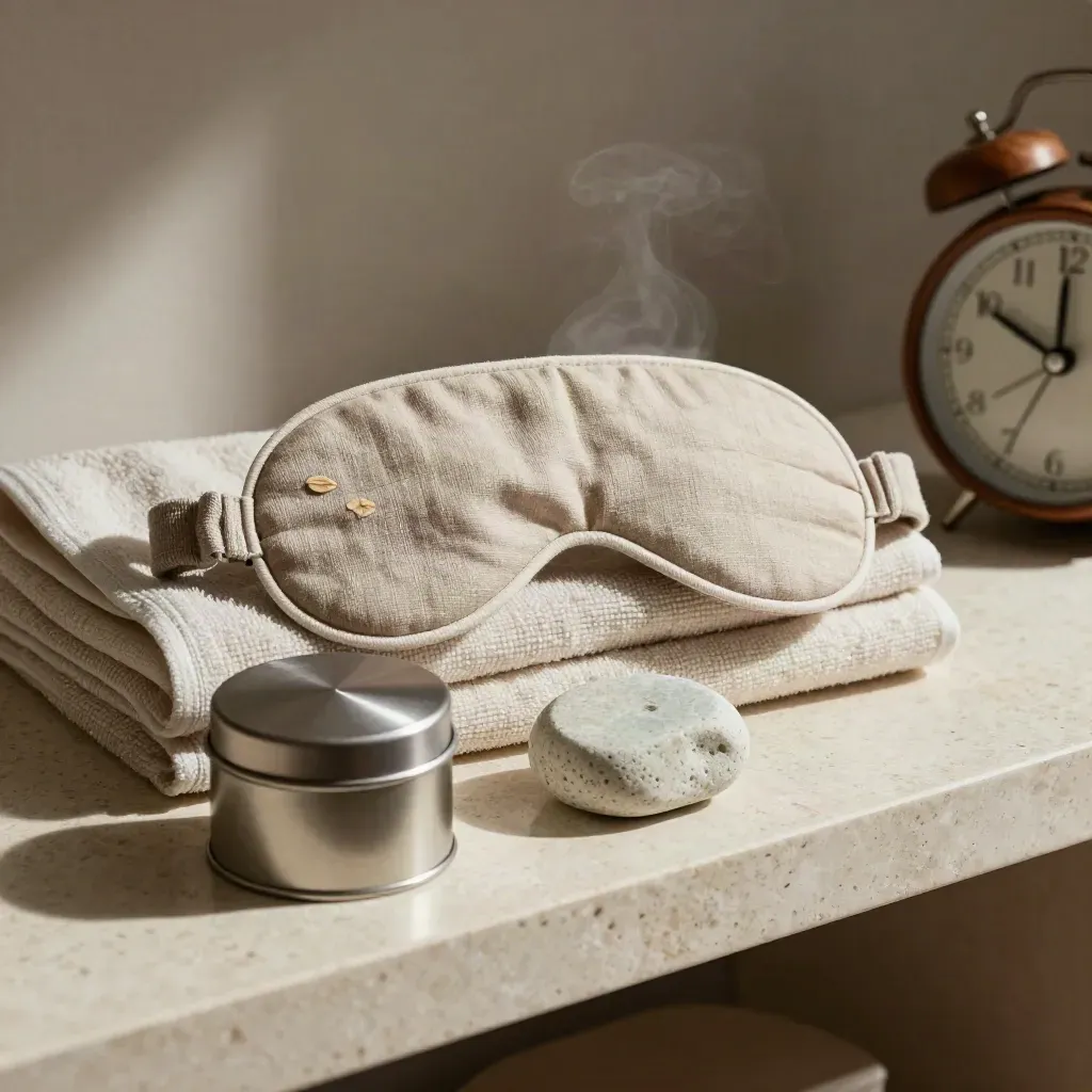 Sleep mask, herbal tea tin, diffuser stone, and wooden alarm clock on a bedside shelf.