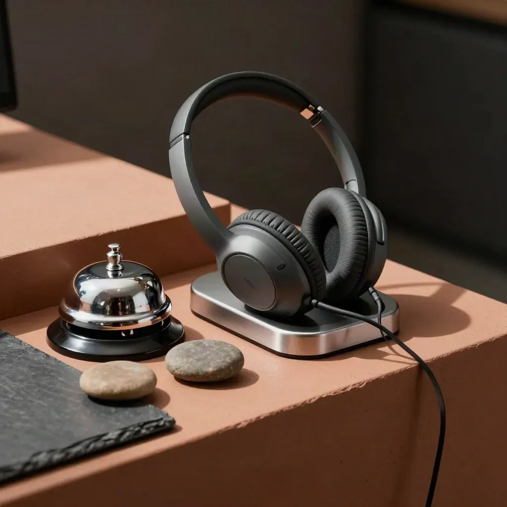Headset, charging cradle, bell and river stones on a terracotta ledge in dramatic light