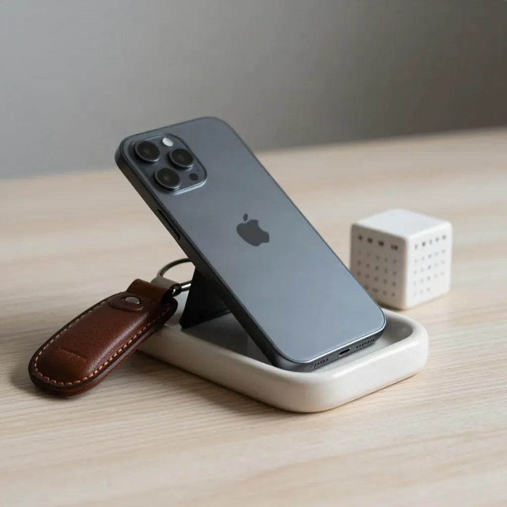 Dark phone on a ceramic stand beside a leather key fob and calendar cube on pale ash wood.