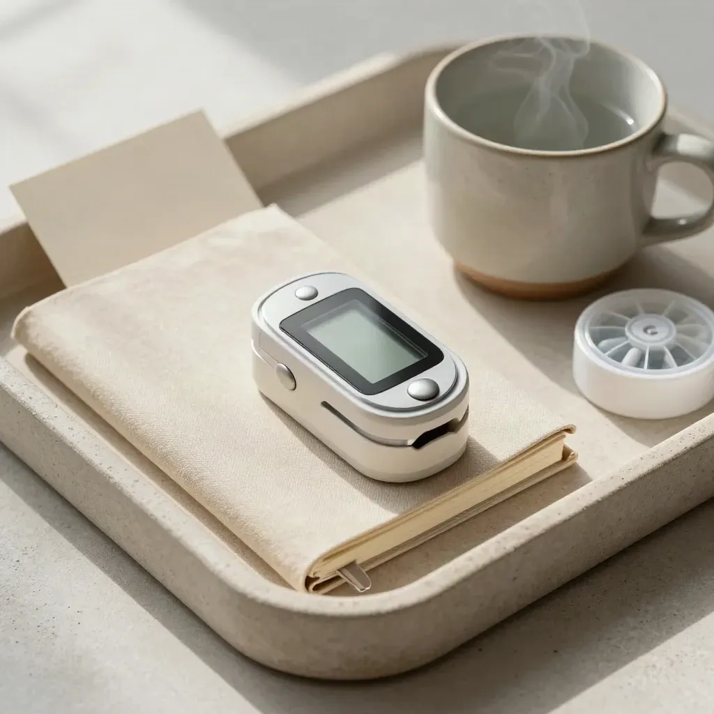 Tray still life with sleep log notebook, pulse oximeter, tea mug, and capsule sorter on stone.