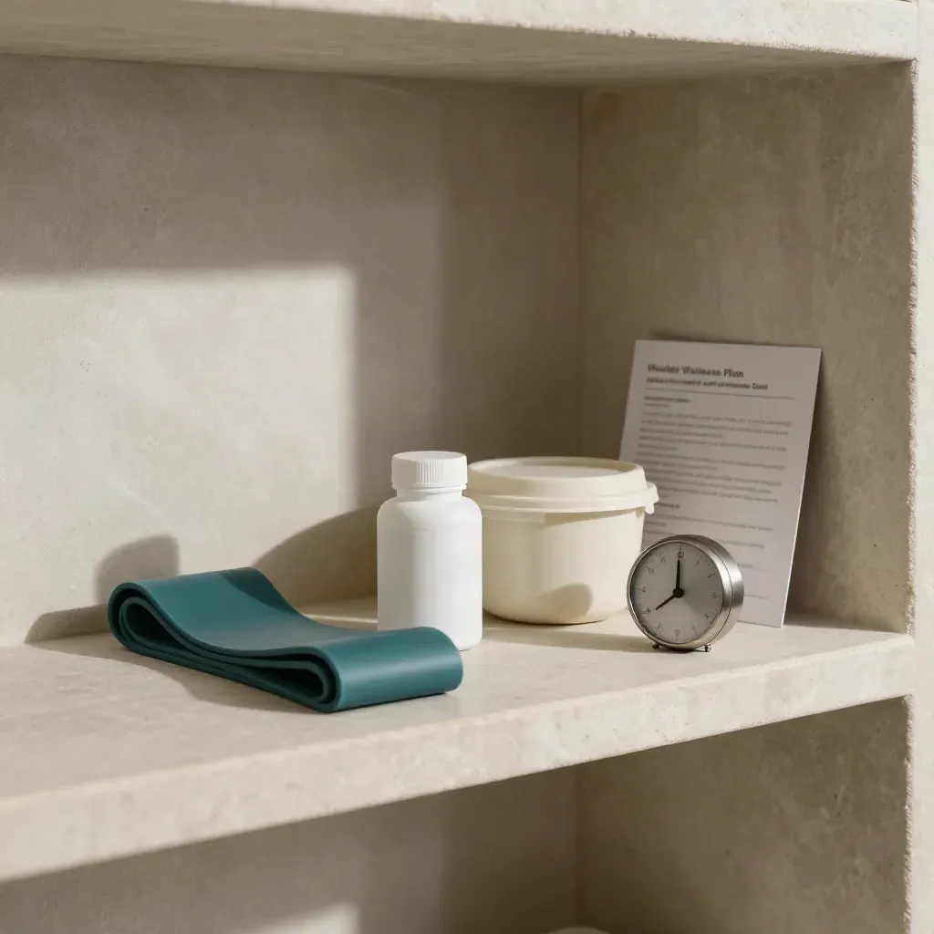 Wellness plan kit on a stone shelf with band, vitamin bottle, meal container, and timer.