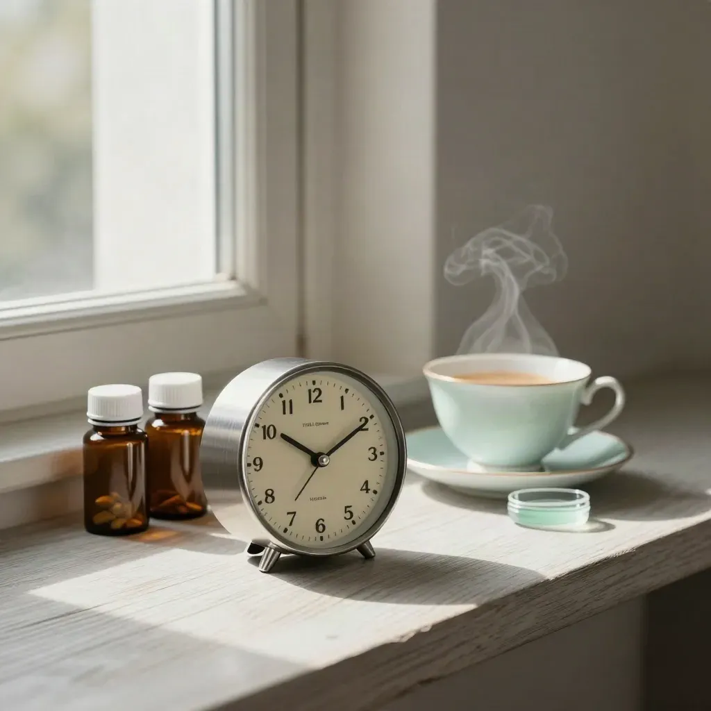 Pill bottles, steaming tea cup, and desk clock on pale wood in soft window light.