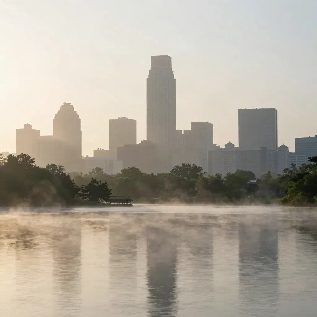 Austin skyline above Lady Bird Lake at misty sunrise, calm water and haze for copy space
