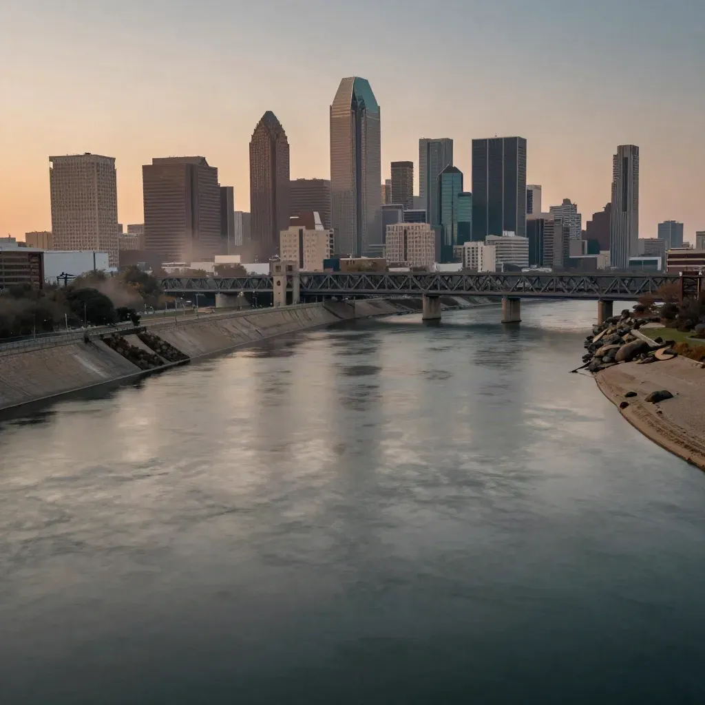 Dallas skyline glowing above the Trinity River at dusk, with bridge lines and haze.