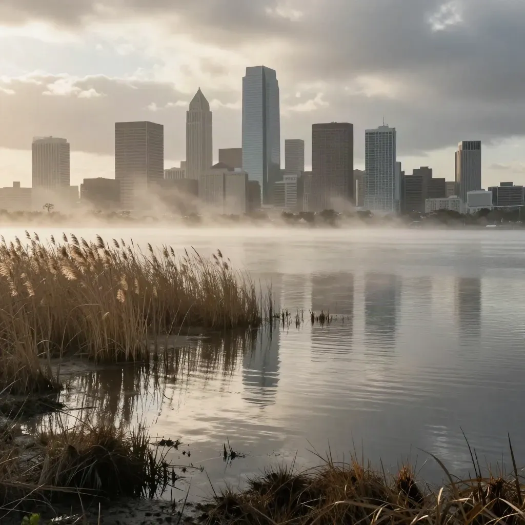 Houston skyline above hazy bayou reflections at warm sunset after a storm