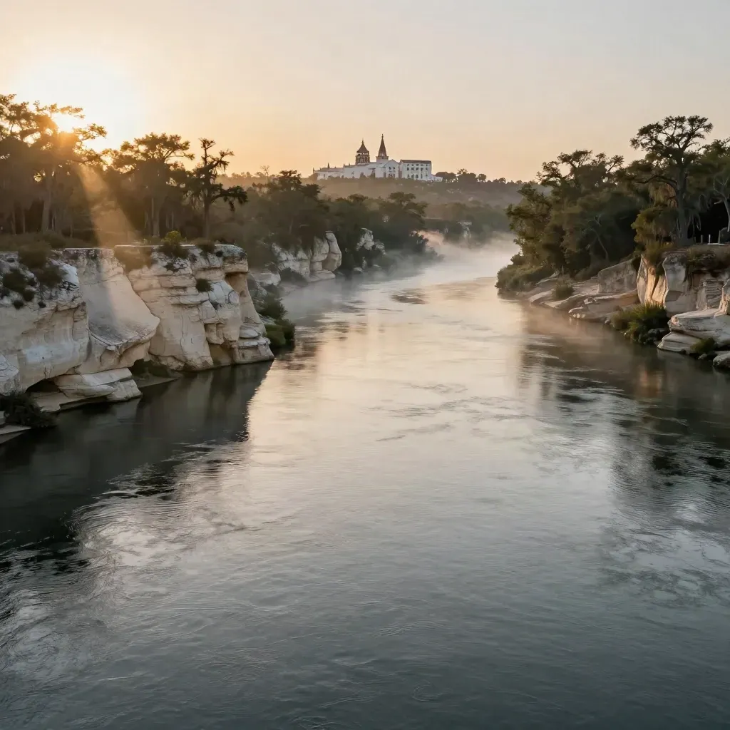 Sunset river bend with limestone banks, cypress silhouettes and mission forms in warm haze