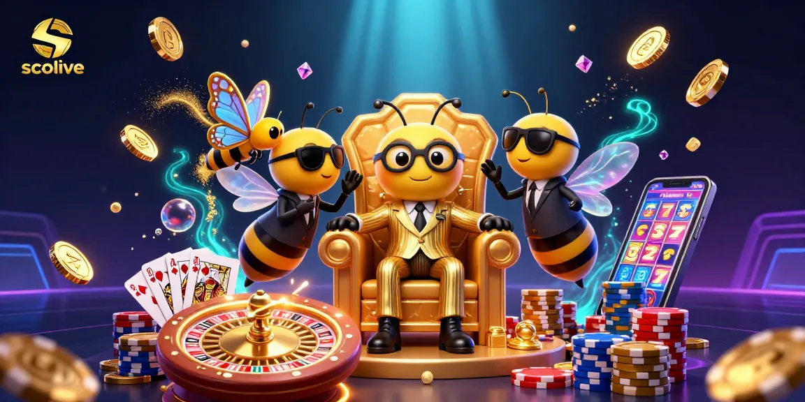 Socolive showcases a vibrant casino scene with a bumblebee mob boss, wasp guards, and treasure elements.