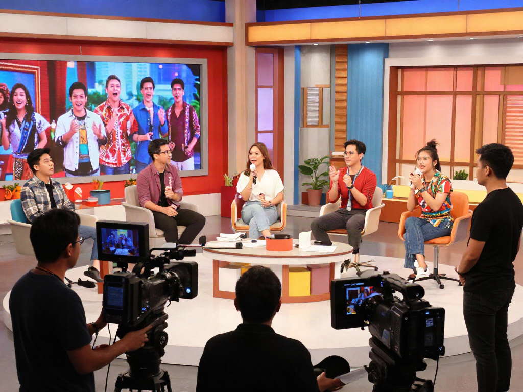 Kapamilya Channel vibrant television studio scene showcasing actors and production crew during a live rehearsal.