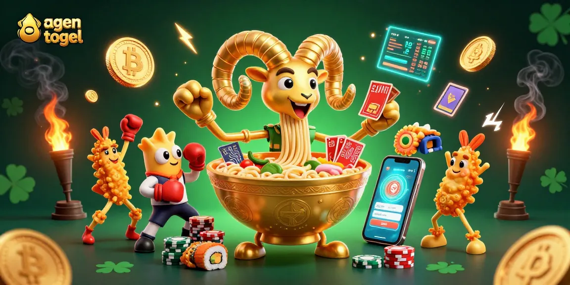 Engage with agen togel featuring a vibrant giant ramen bowl dealing cards, amidst rich gambling elements.
