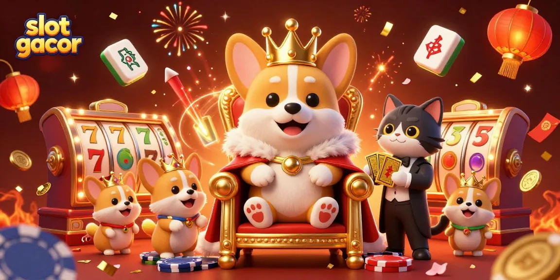 Experience slot gacor excitement with this vibrant 3D casino scene featuring a royal corgi and dynamic game symbols.