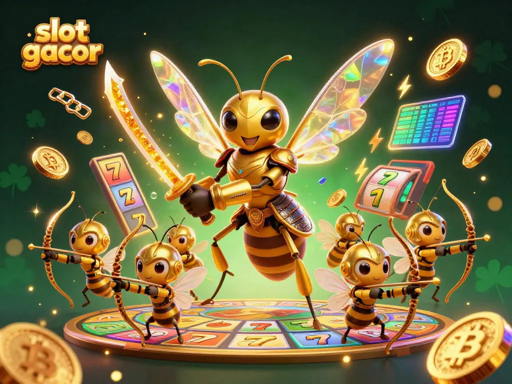 Engage with slot gacor's vibrant 3D illustration featuring dynamic samurai hornets and slot machine elements.
