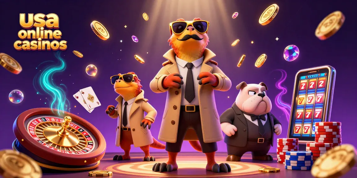 Engage with usa online casinos offering thrilling games in a comedic 3D scene featuring cartoon raptors and casino elements.