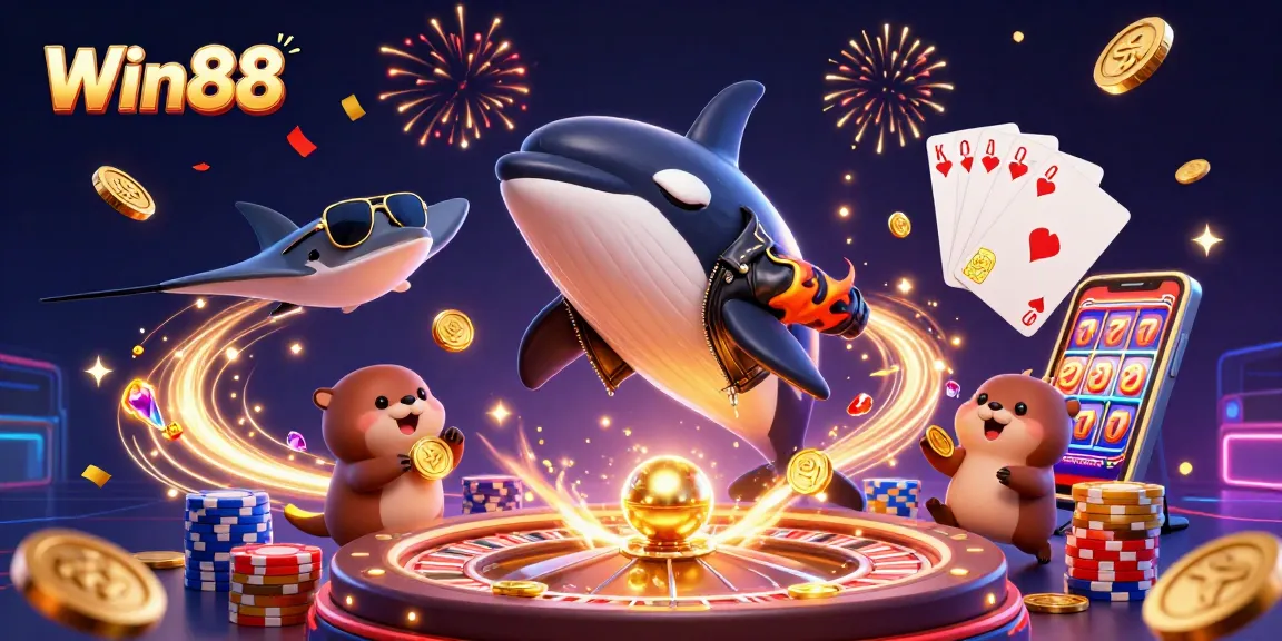 Experience Win88 excitement with cartoon characters and dynamic casino elements in a vibrant illustration.