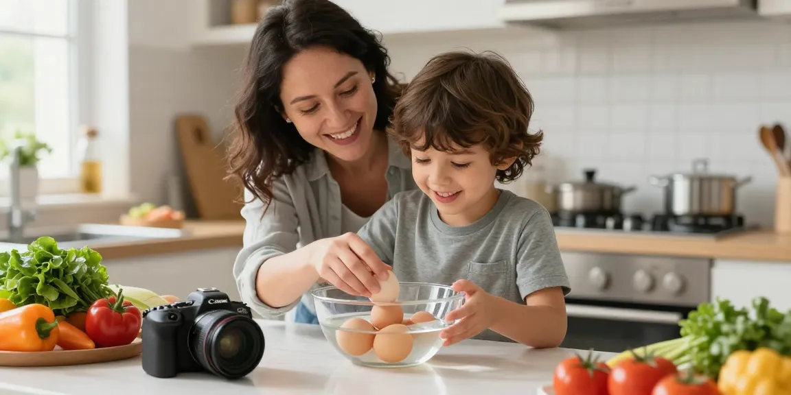 Memeriksa kesegaran telur dengan Egg Float Test di https://www.eggfloattest.com/contact, suasana dapur cerah dengan ibu dan anak.