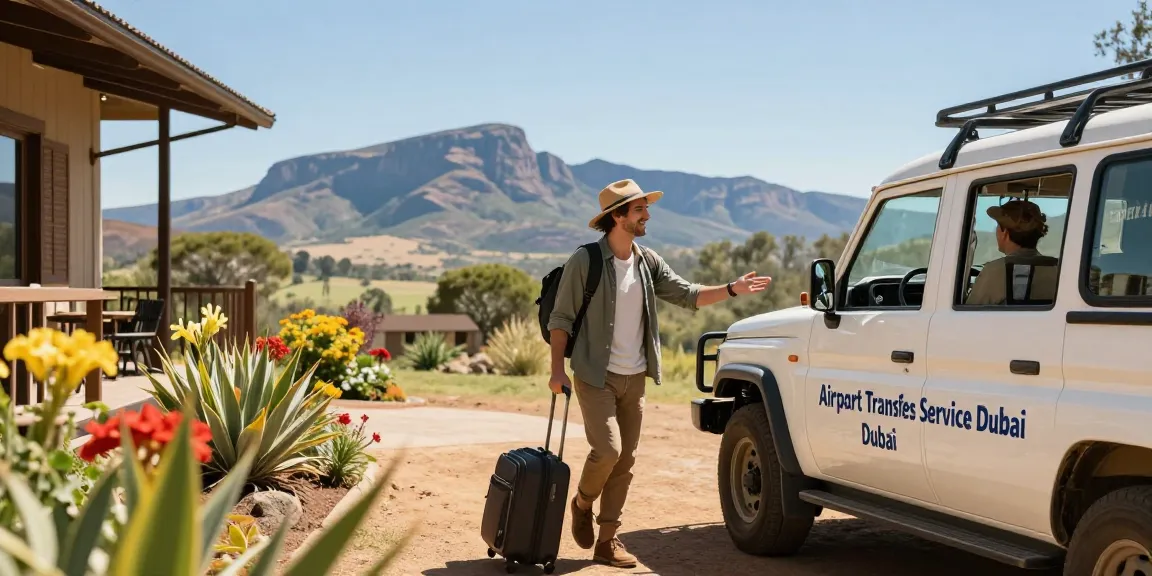 Welcoming scene of a traveler arriving at Magaliesburg accommodation via Airport Transfers Service Dubai, with driver and scenic mountain backdrop.