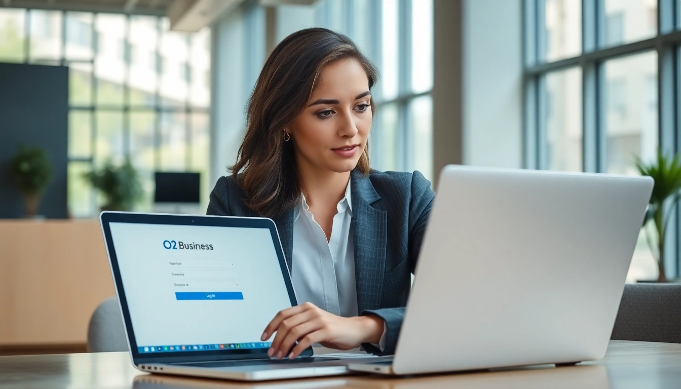 Access the O2 Business Login page in a contemporary office setting.