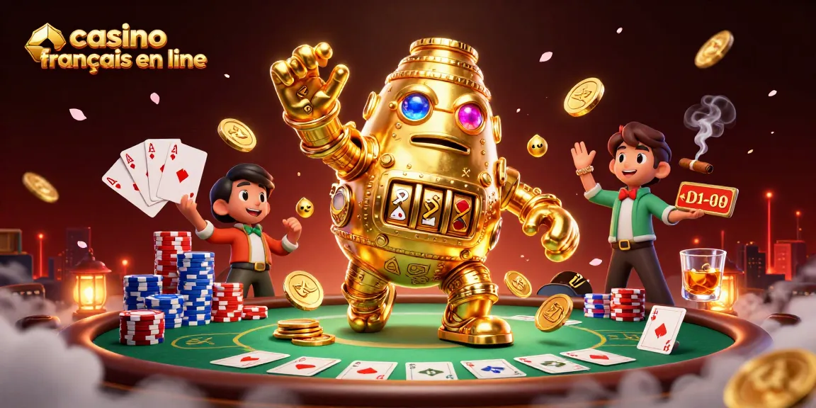 Visualisez l'univers captivant du casino français en ligne avec un golem doré entouré de jetons de poker multicolores.